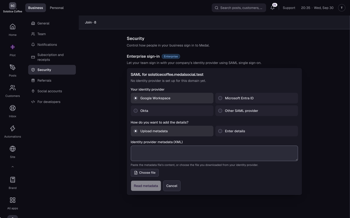 The SAML setup form for a verified domain, with the identity provider choices Google Workspace, Microsoft Entra ID, Okta and Other SAML provider.