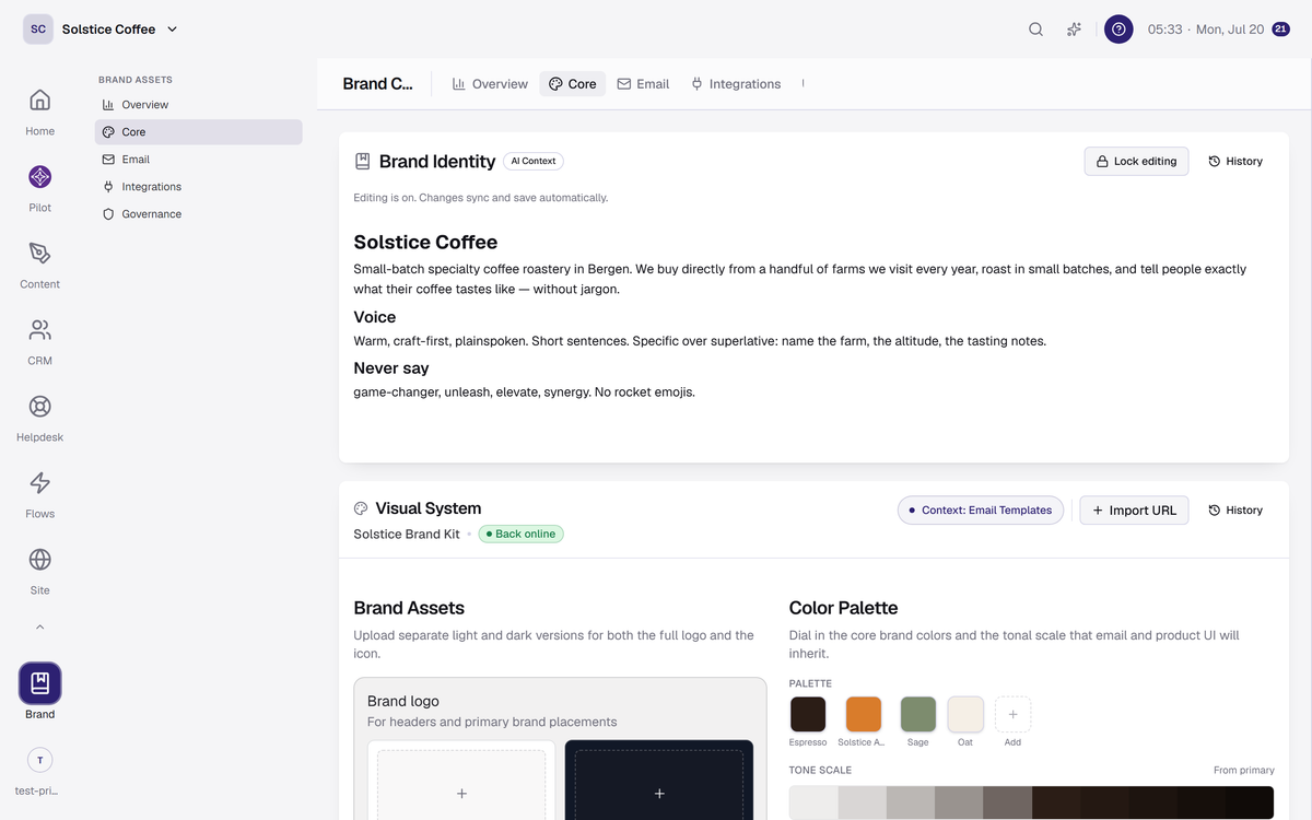 The Core section of Brand Center with the brand document: story, voice, and phrases to avoid.