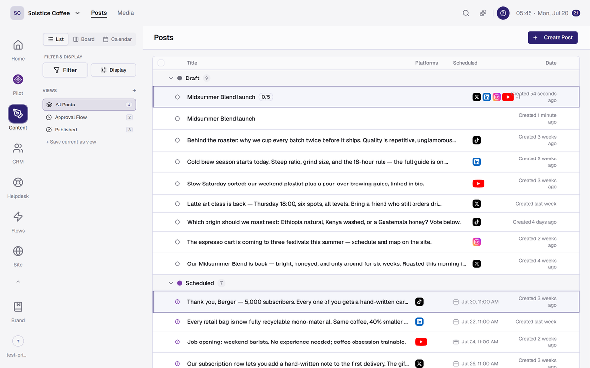 The Posts list view, a compact table of posts.