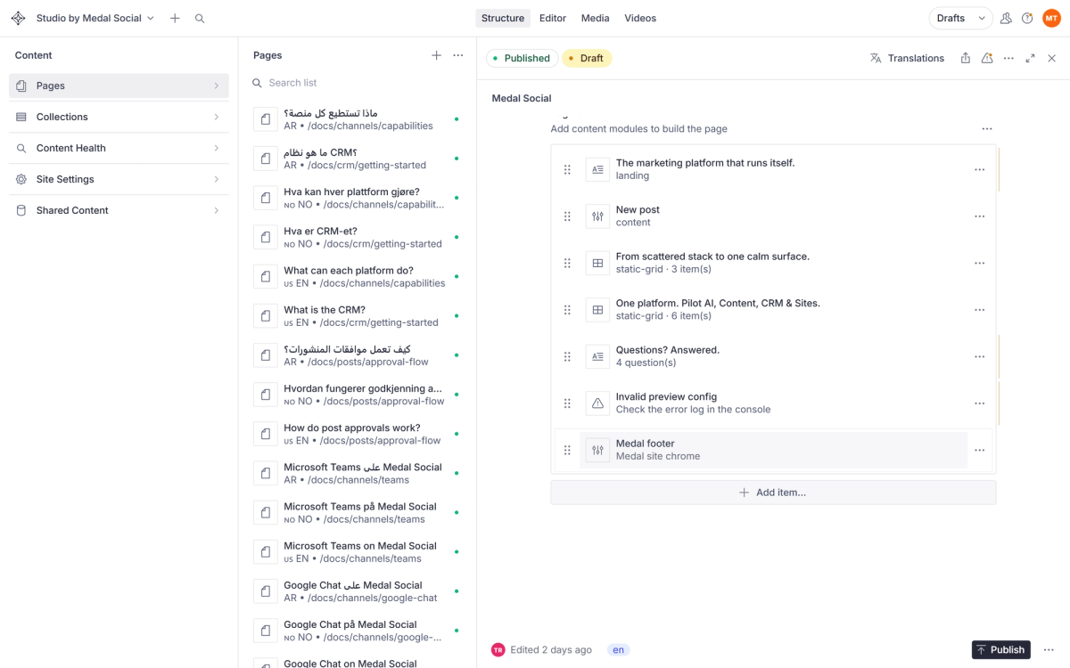 The page sections list with the Publish button — drafts stay private until you publish.