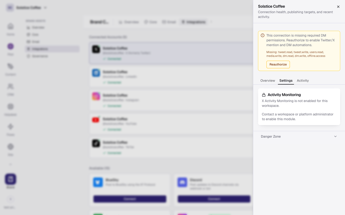 The X (Twitter) channel drawer in Brand → Integrations, open on the Settings tab.