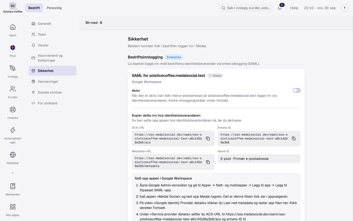 Et SAML-leverandørkort i utkast som viser ACS-URL, enhets-ID, metadata-URL og Name ID, hver med en kopieringsknapp.