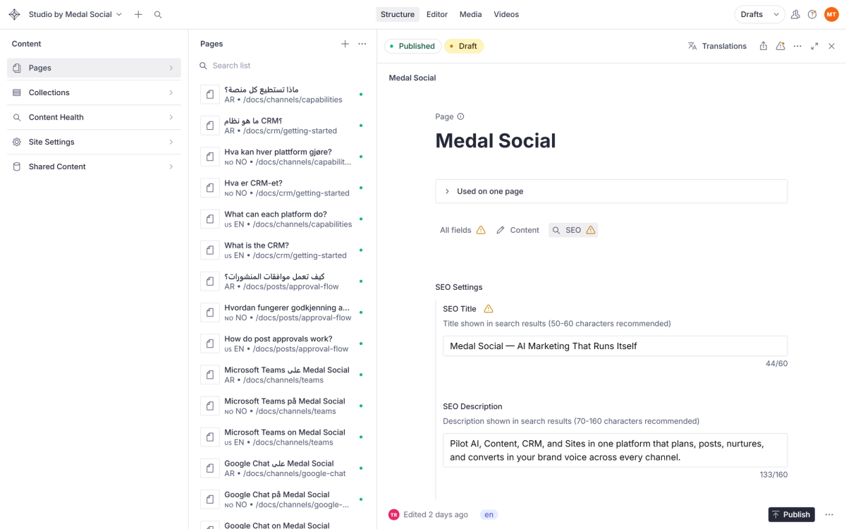 The SEO tab of a page: search title and description with live character counts.