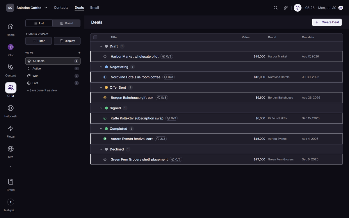 The Deals board with opportunities in pipeline stage columns and their values.