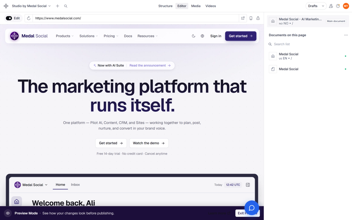 The Studio Editor: your live site on the left, the documents behind the page on the right.