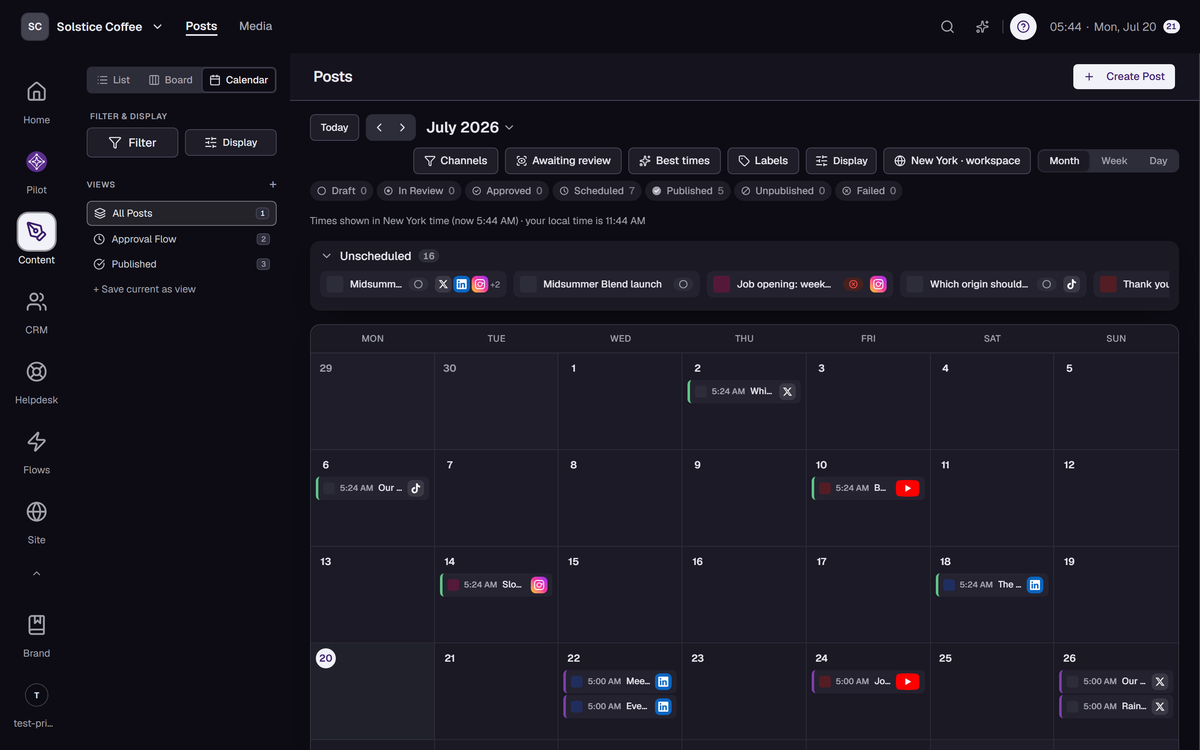 The Posts calendar view with scheduled posts laid out over the month.