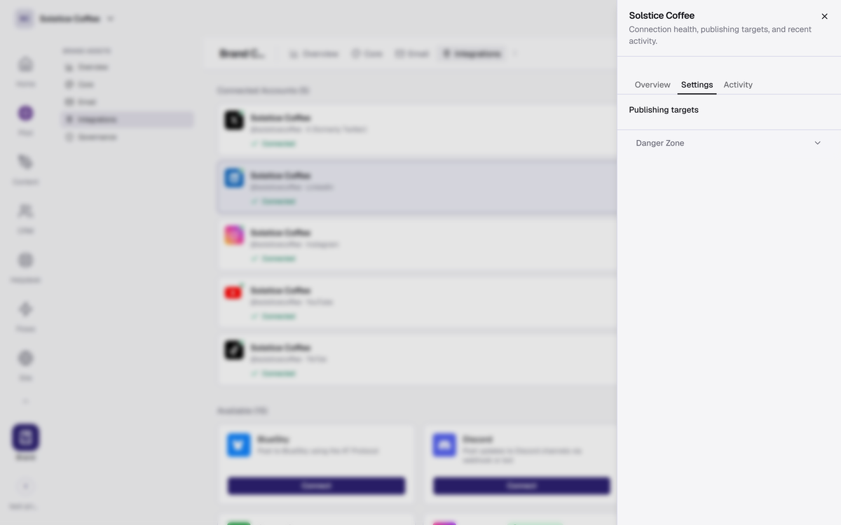 The LinkedIn channel drawer in Brand → Integrations, open on the Settings tab.