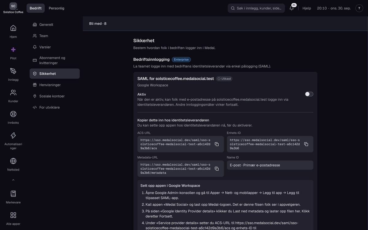 Et SAML-leverandørkort i utkast som viser ACS-URL, enhets-ID, metadata-URL og Name ID, hver med en kopieringsknapp.