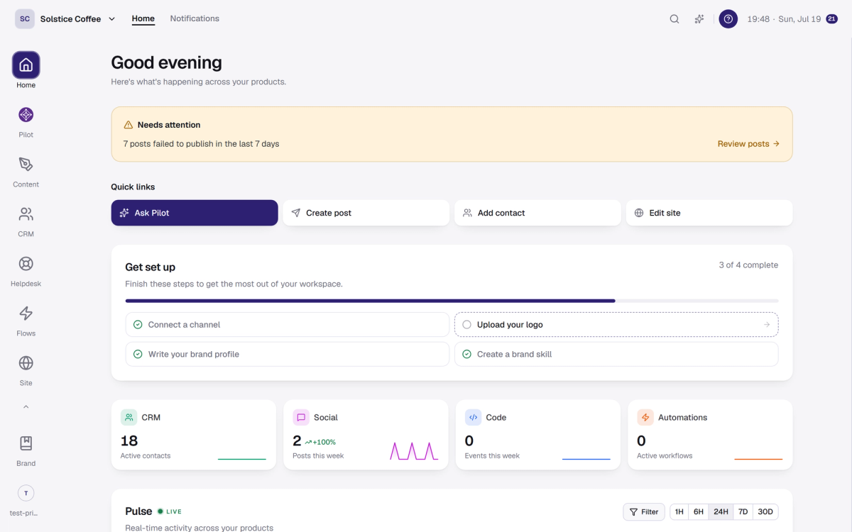 The Home screen of a Medal Social workspace: needs-attention banner, quick links, setup checklist, and the live Pulse feed.