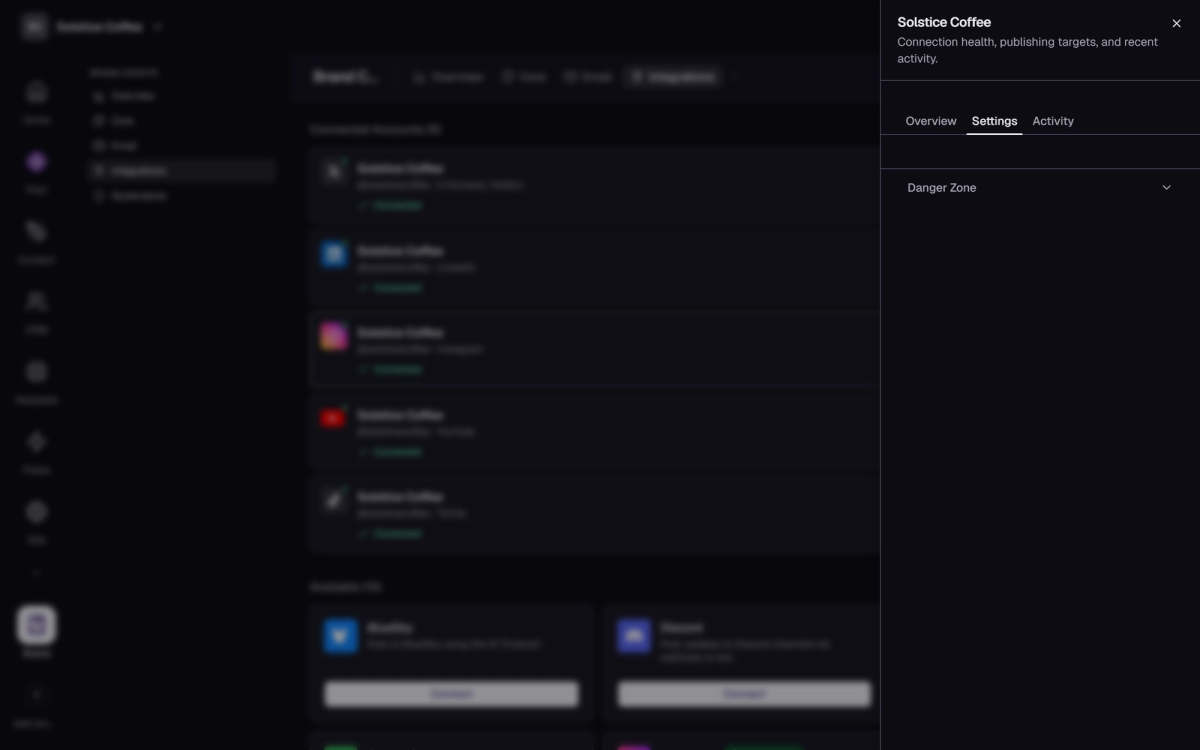 The Instagram channel drawer in Brand → Integrations, open on the Settings tab.