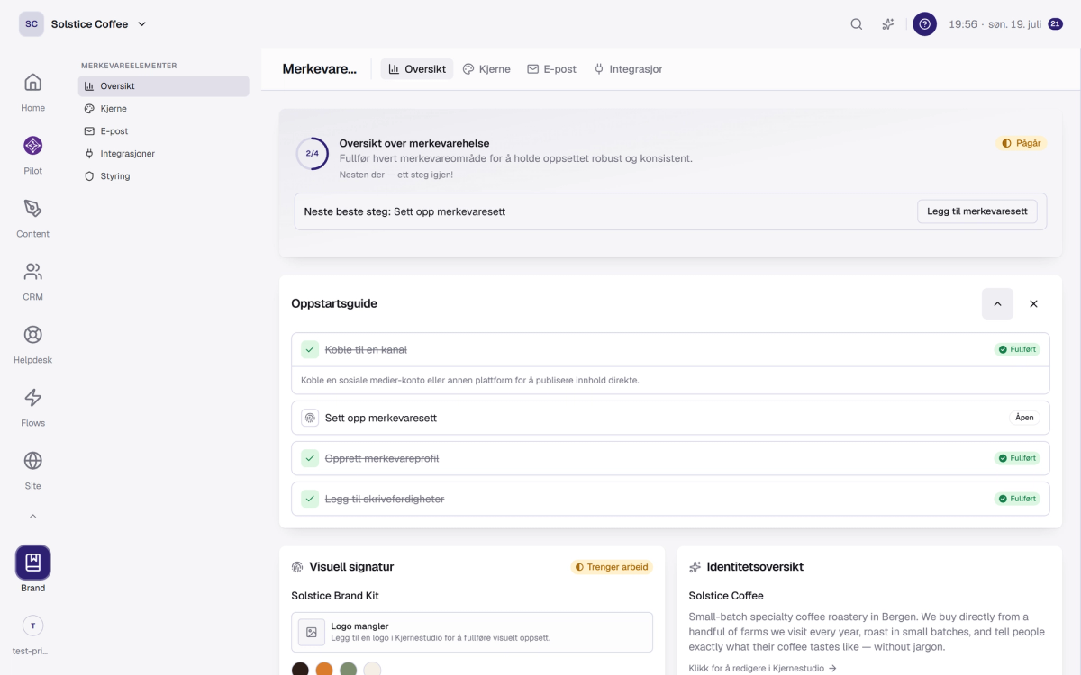Brand Center med seksjonene Overview, Core, Email, Integrations og Governance.