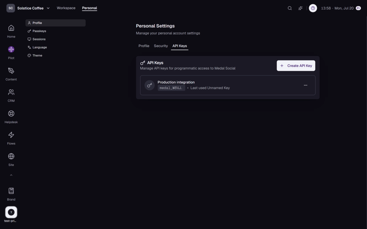 The API Keys tab in Personal Settings, with one workspace key and the Create API Key button.