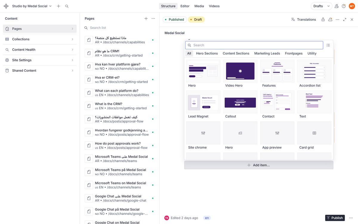 The section library: pick a block — Hero, Features, FAQ, Contact and more — to add to the page.