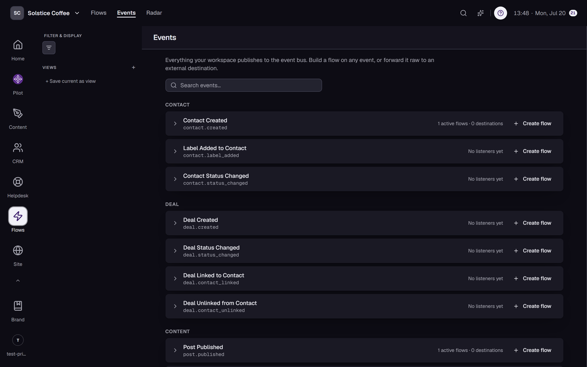 The event catalog: every event the workspace publishes, with listeners and Create flow actions.