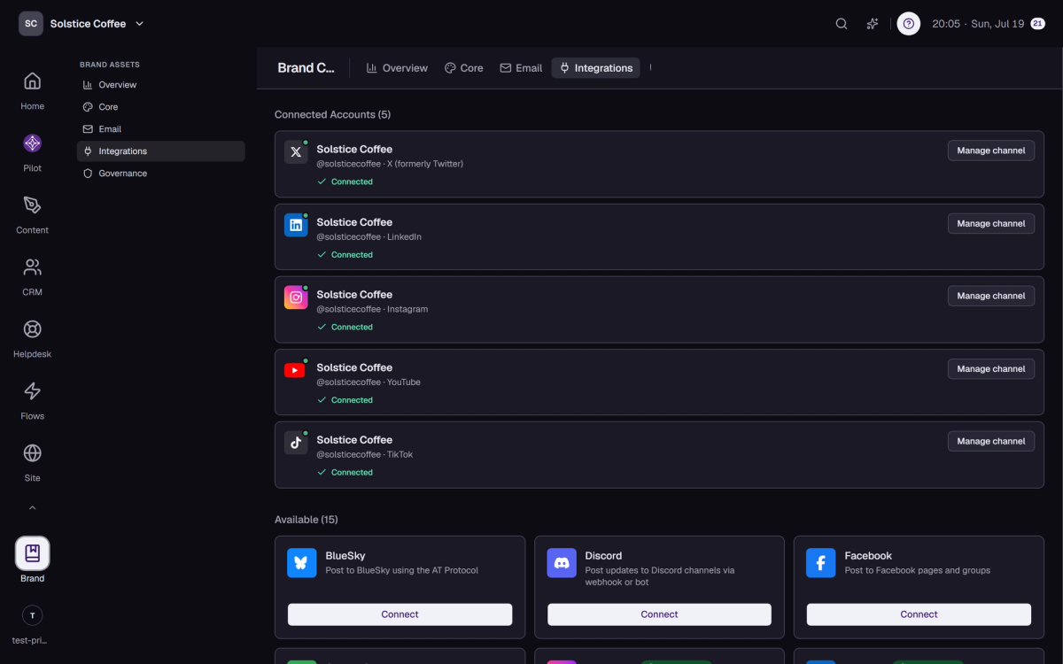 The Integrations tab in Brand: connected channels on top, the platform catalog below.