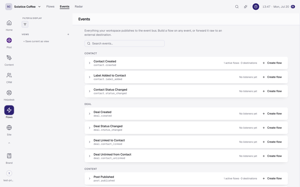 The event catalog: every event the workspace publishes, with listeners and Create flow actions.