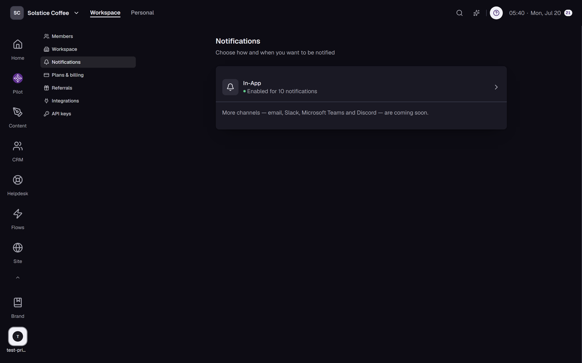 Notification settings, including the channel reconnect alert.