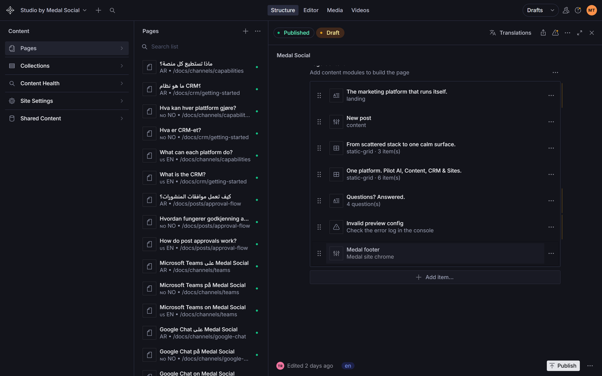 The page sections list with the Publish button — drafts stay private until you publish.