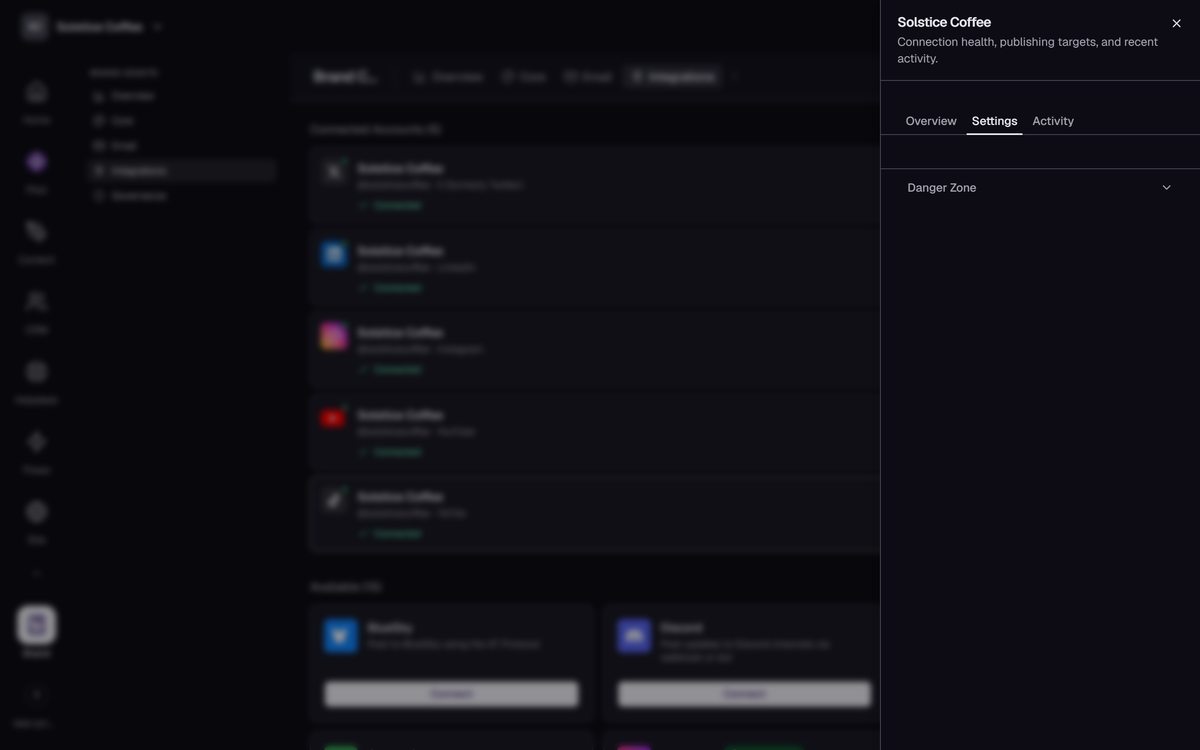 The TikTok channel drawer in Brand → Integrations, open on the Settings tab.