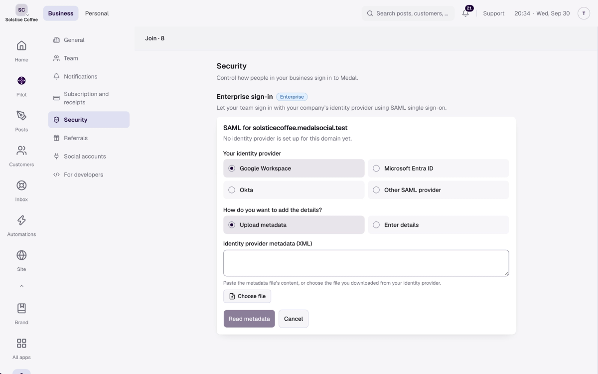 The SAML setup form for a verified domain, with the identity provider choices Google Workspace, Microsoft Entra ID, Okta and Other SAML provider.
