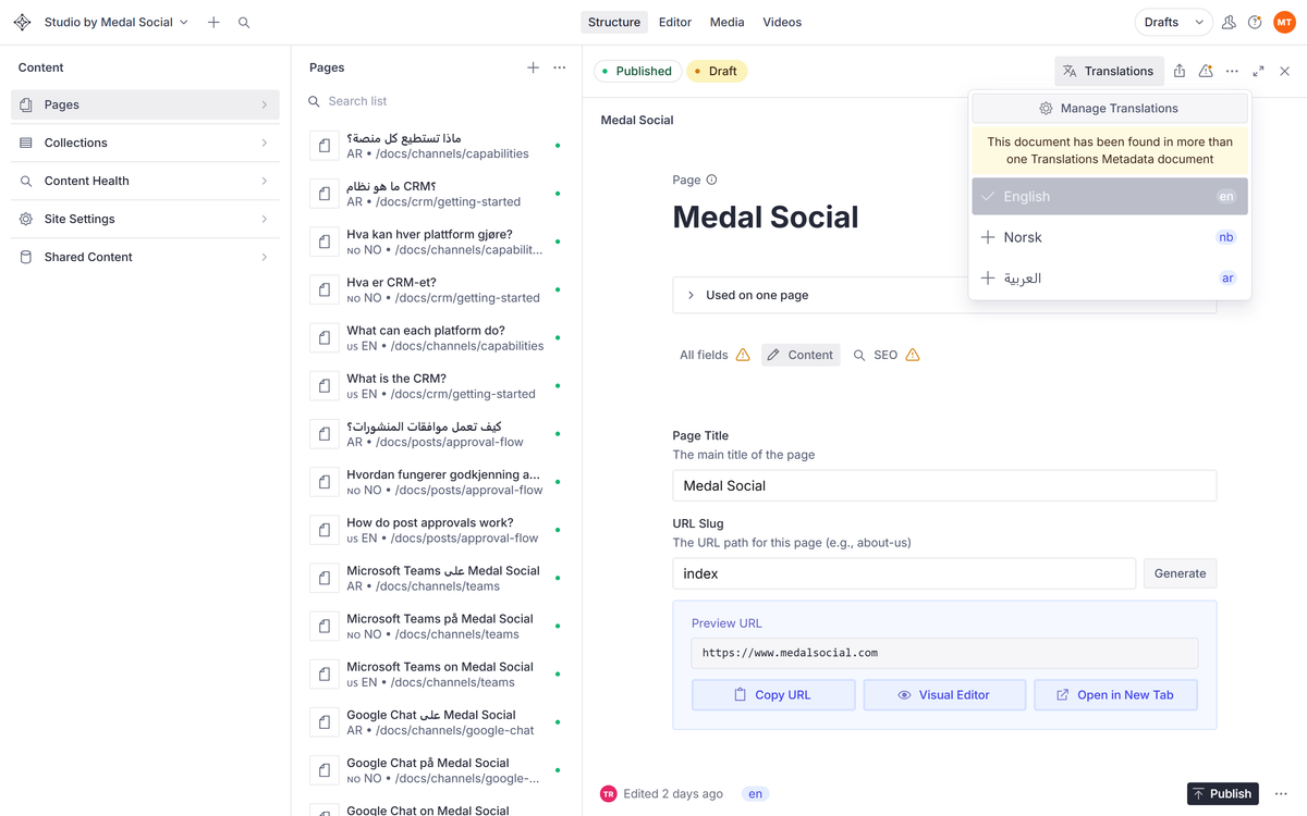 The Translations menu on a page: switch between or create the English, Norwegian, and Arabic versions.