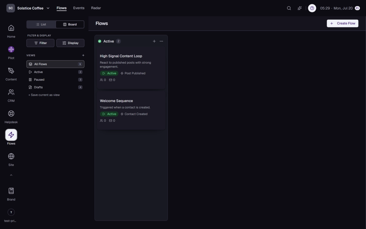 The Flows list showing automations with their statuses.