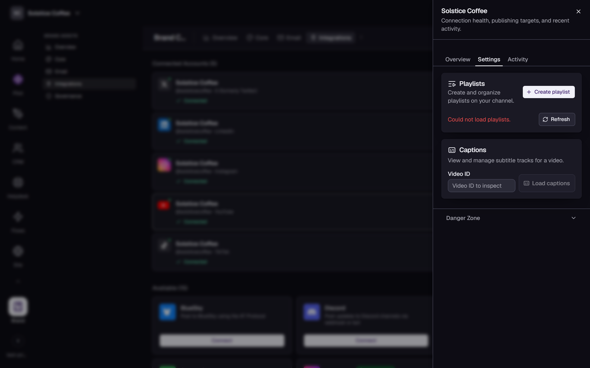 The YouTube channel drawer in Brand → Integrations, open on the Settings tab.