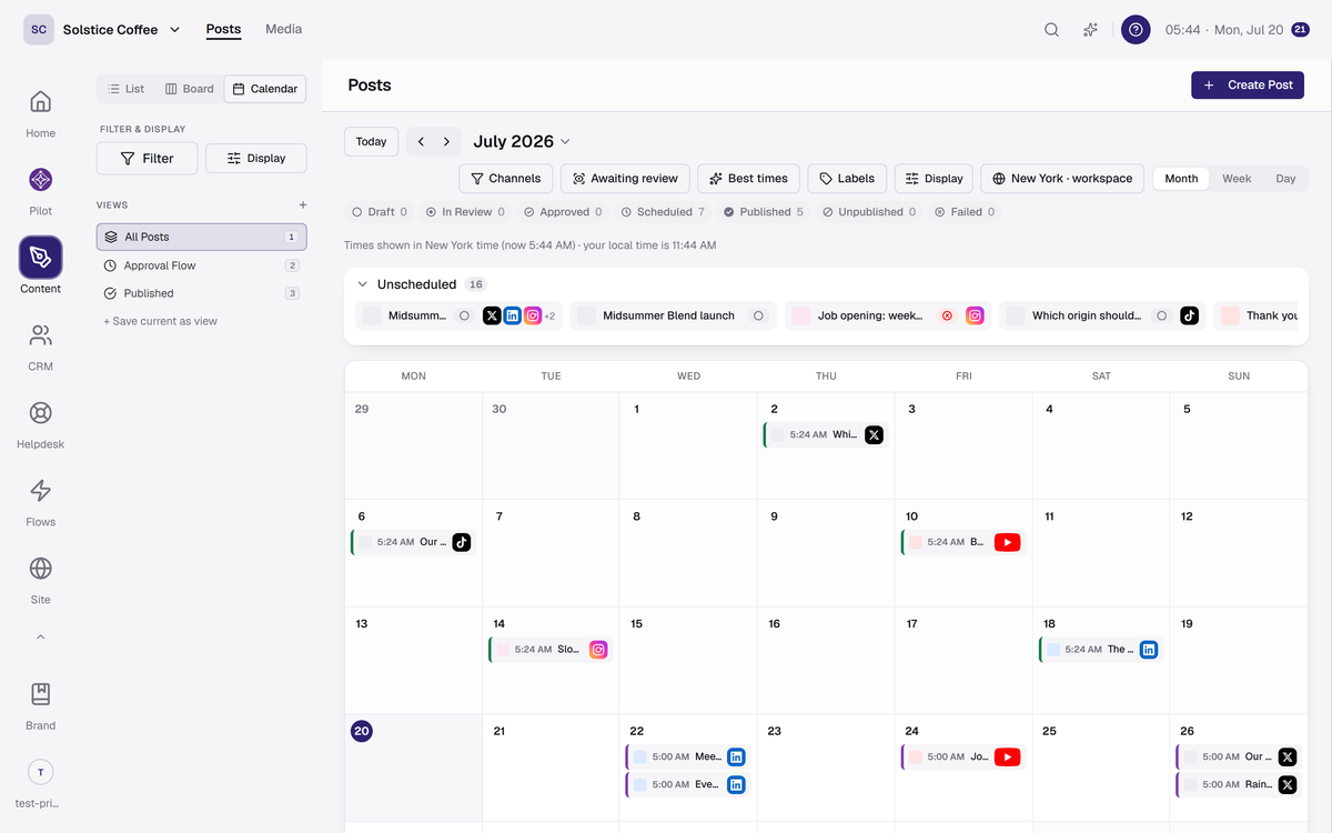 The Posts calendar view with scheduled posts laid out over the month.