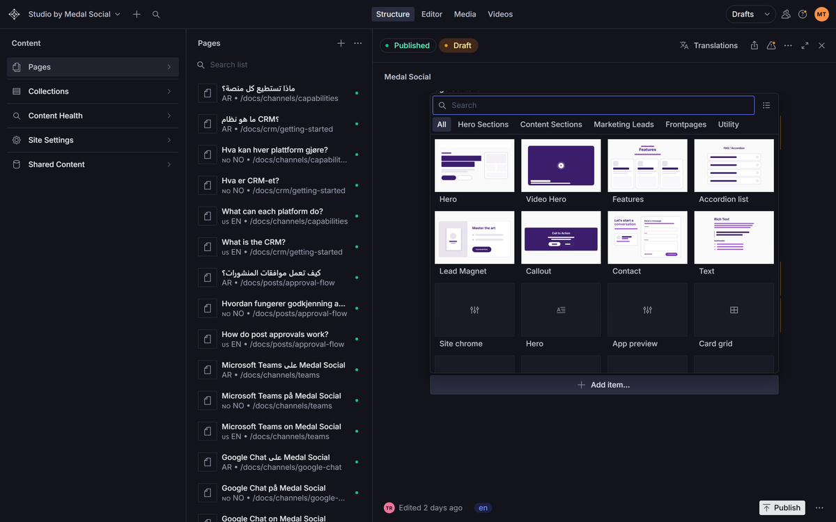 The section library: pick a block — Hero, Features, FAQ, Contact and more — to add to the page.