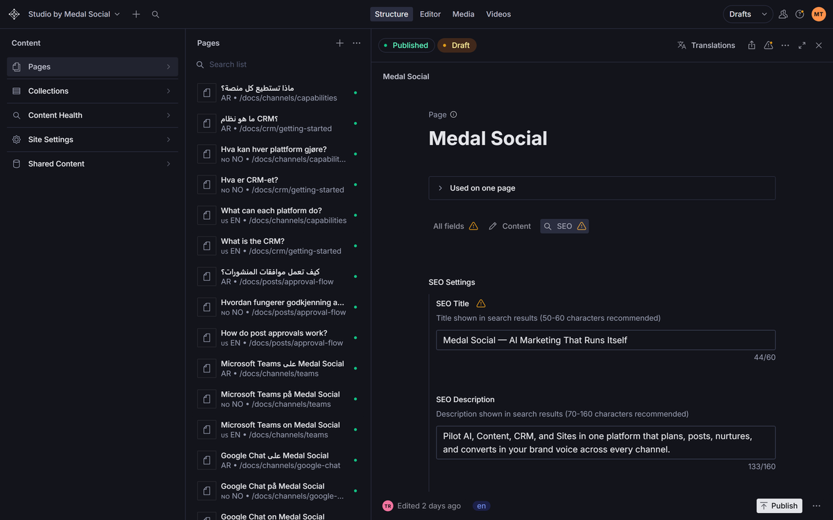 The SEO tab of a page: search title and description with live character counts.