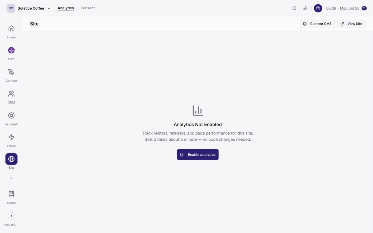 The Site area connecting your website to the workspace.