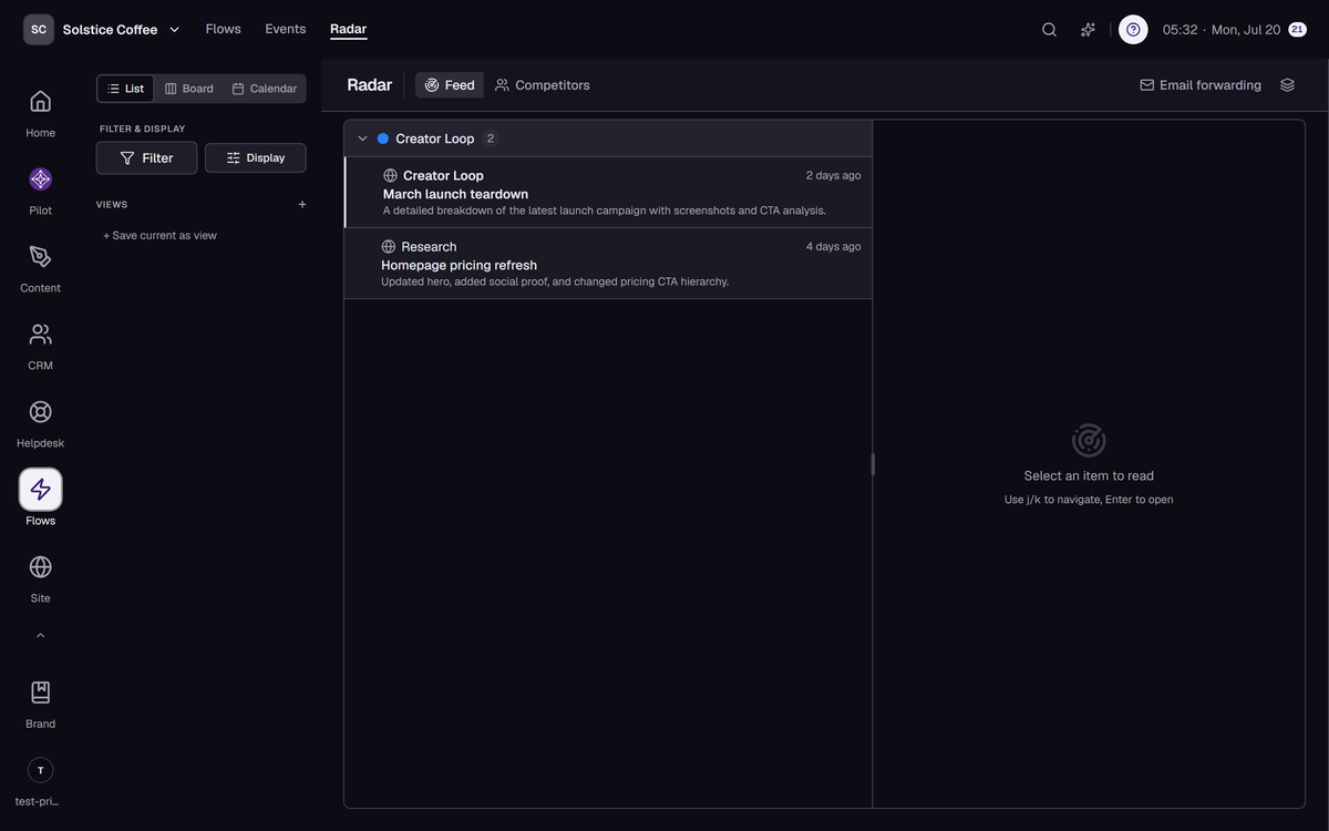 The Radar feed with competitor items.
