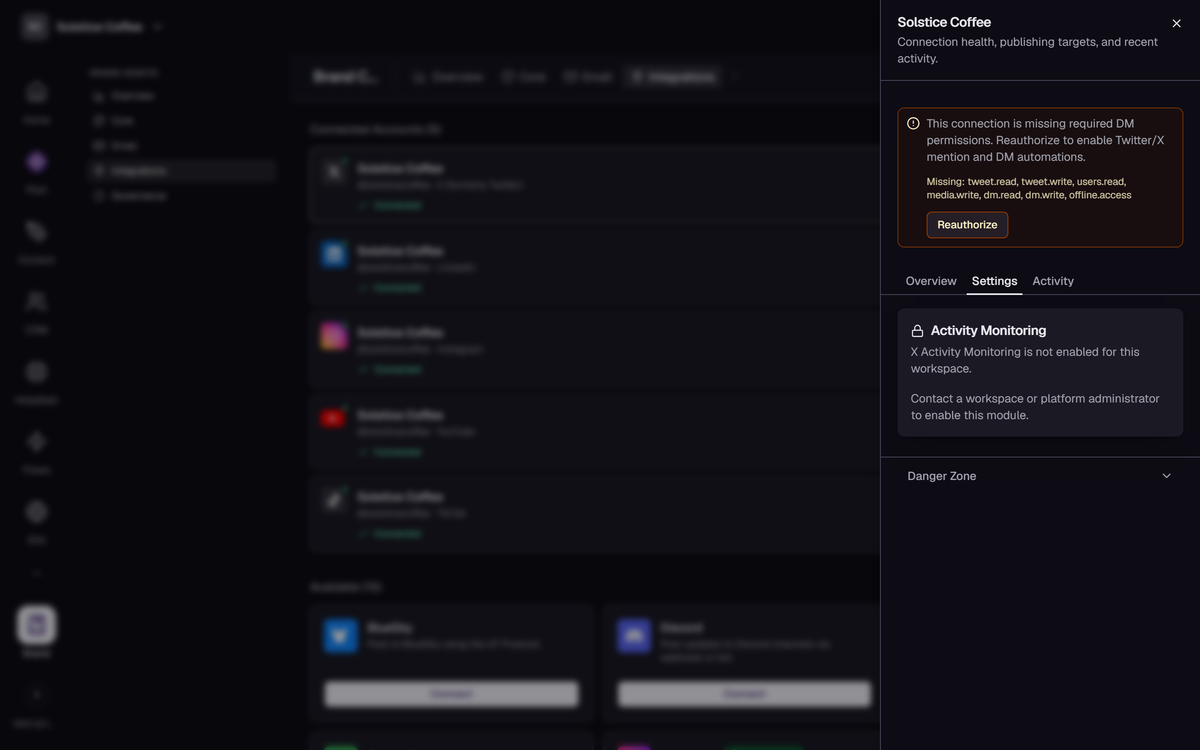 The X (Twitter) channel drawer in Brand → Integrations, open on the Settings tab.