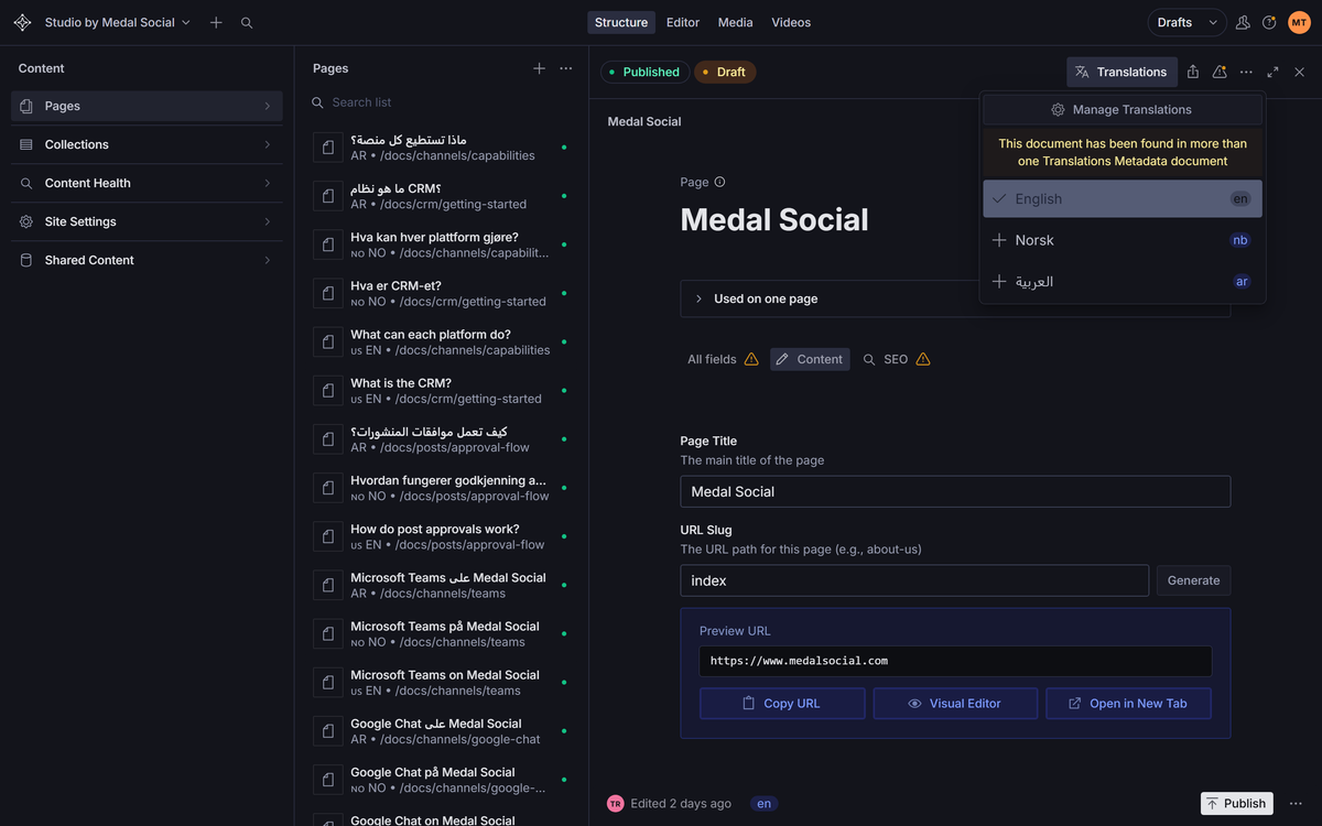 The Translations menu on a page: switch between or create the English, Norwegian, and Arabic versions.
