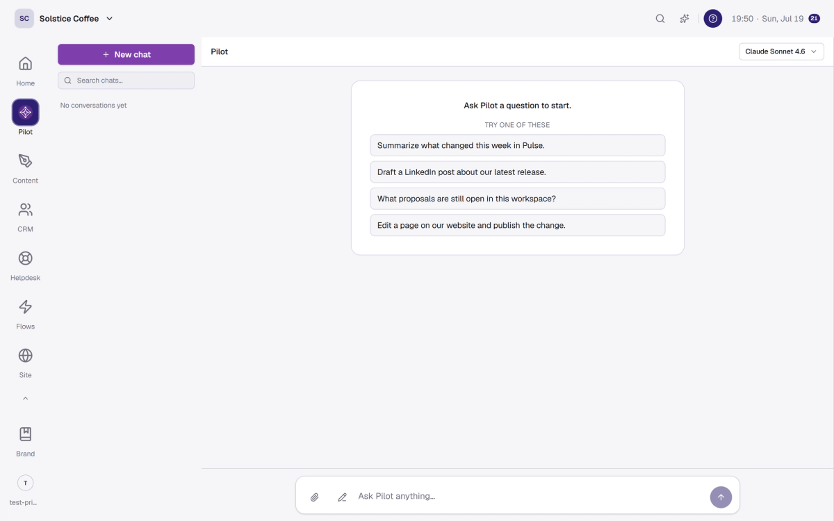 Pilot's chat with the thread list, the New chat button, and the model picker.
