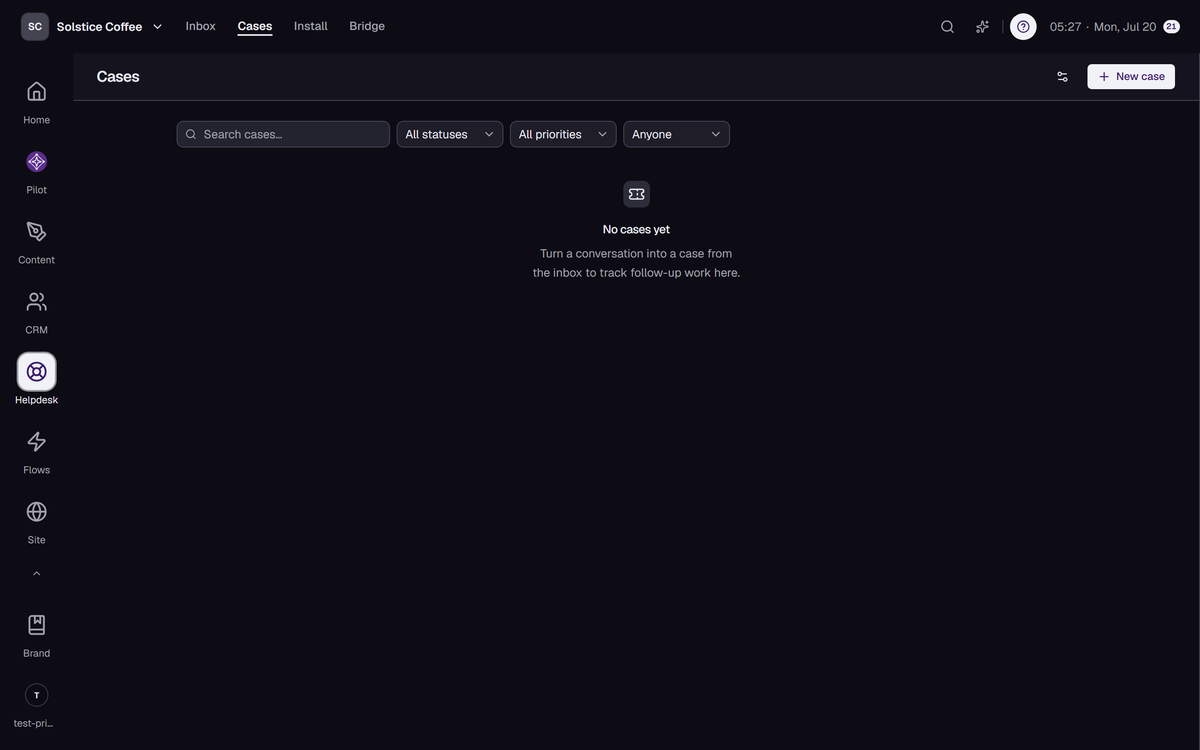 The Helpdesk cases view with tracked cases and their statuses.