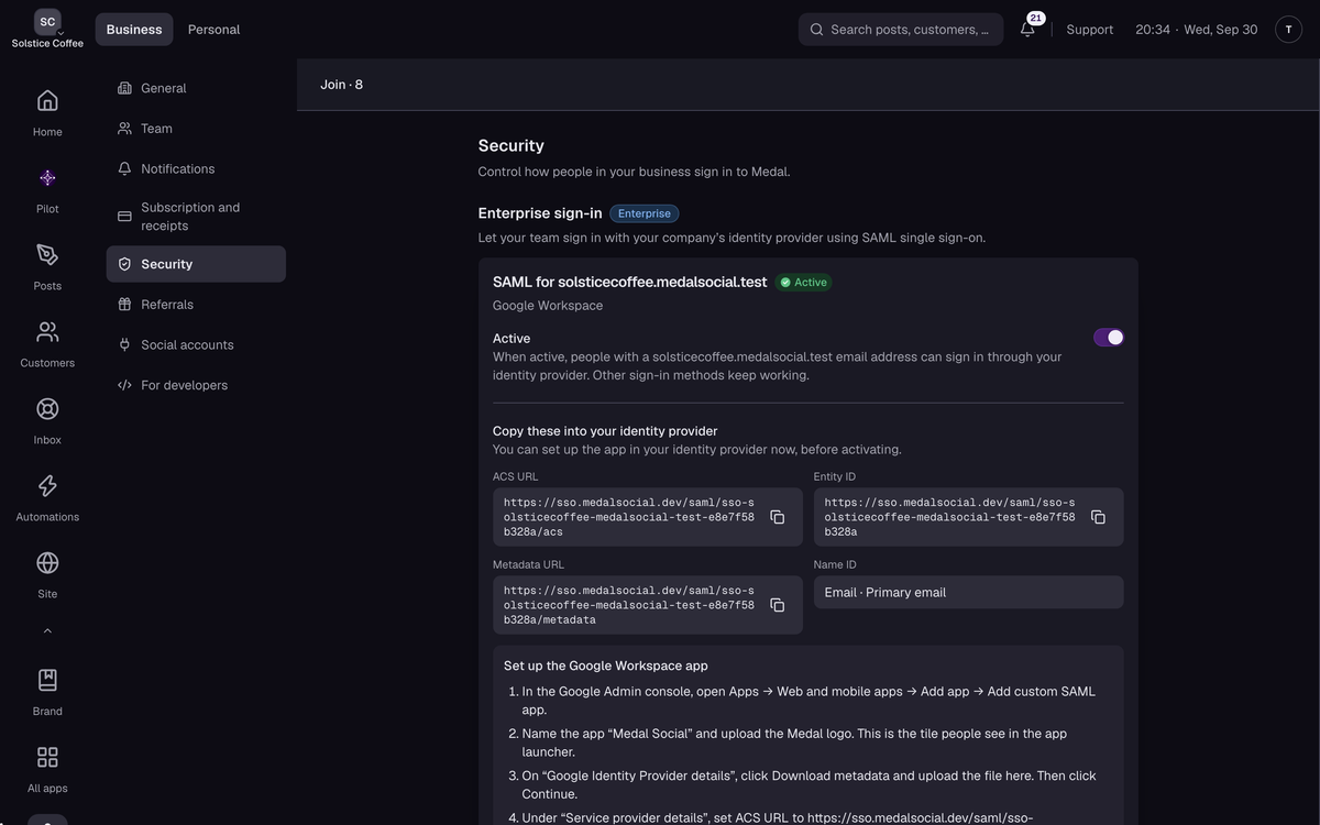 The Security page in Medal settings, with an active SAML provider for a Google Workspace domain and the values to copy into the identity provider.