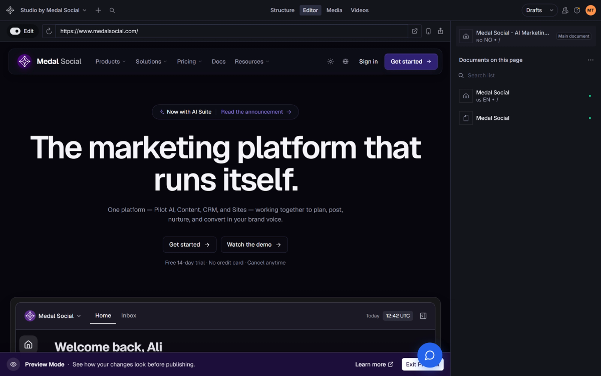The Studio Editor: your live site on the left, the documents behind the page on the right.