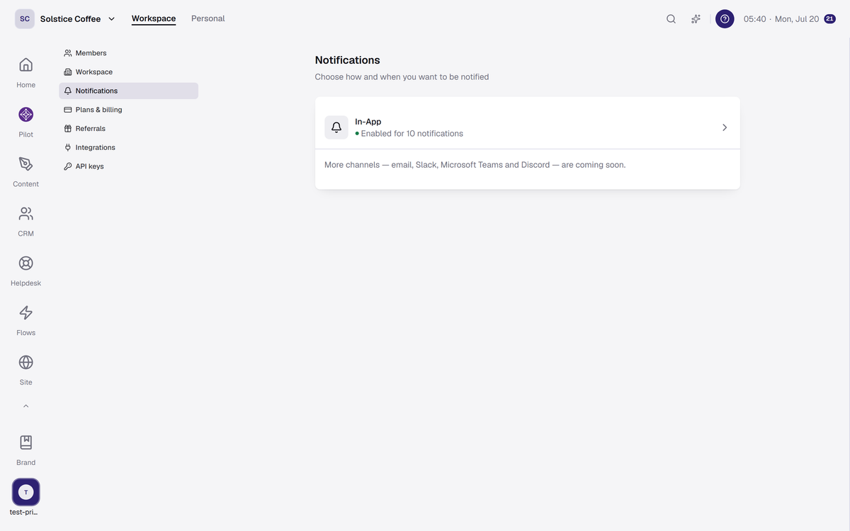 Notification settings, including the channel reconnect alert.