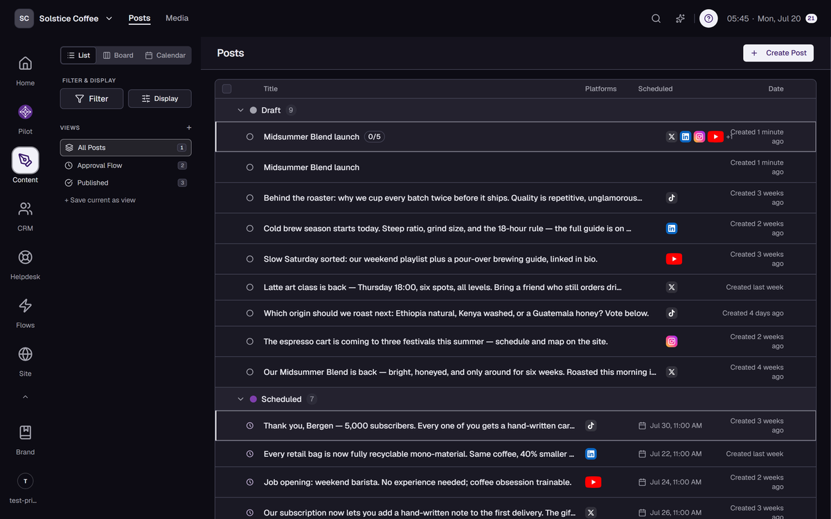 The Posts list view, a compact table of posts.