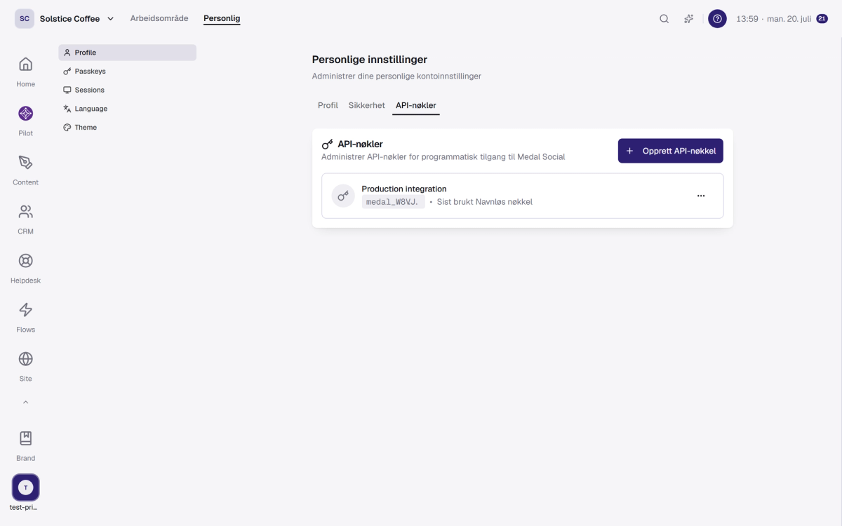 API-nøkler-fanen i personlige innstillinger, med én arbeidsområdenøkkel og Opprett-knappen.