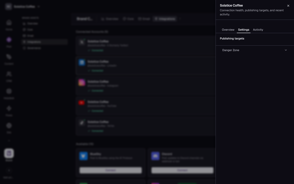 The LinkedIn channel drawer in Brand → Integrations, open on the Settings tab.
