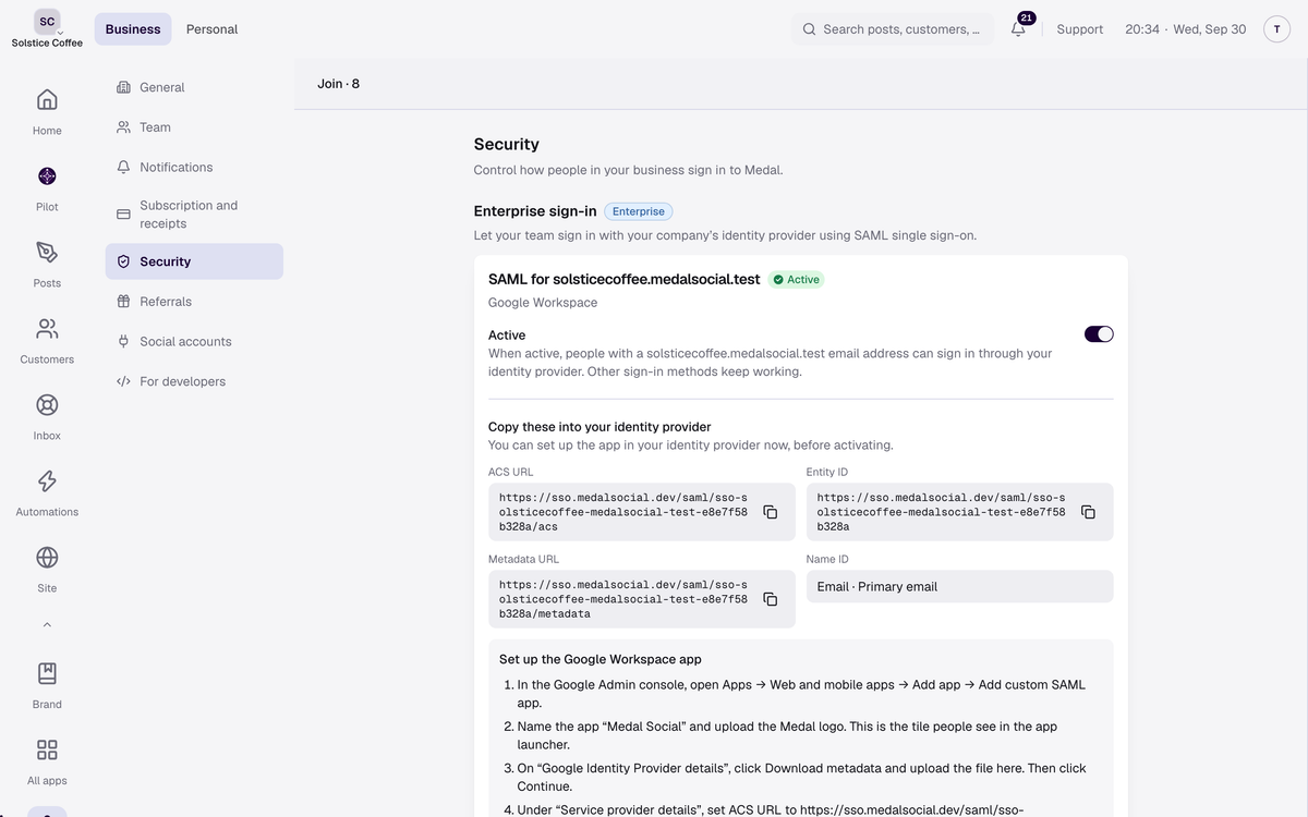 The Security page in Medal settings, with an active SAML provider for a Google Workspace domain and the values to copy into the identity provider.