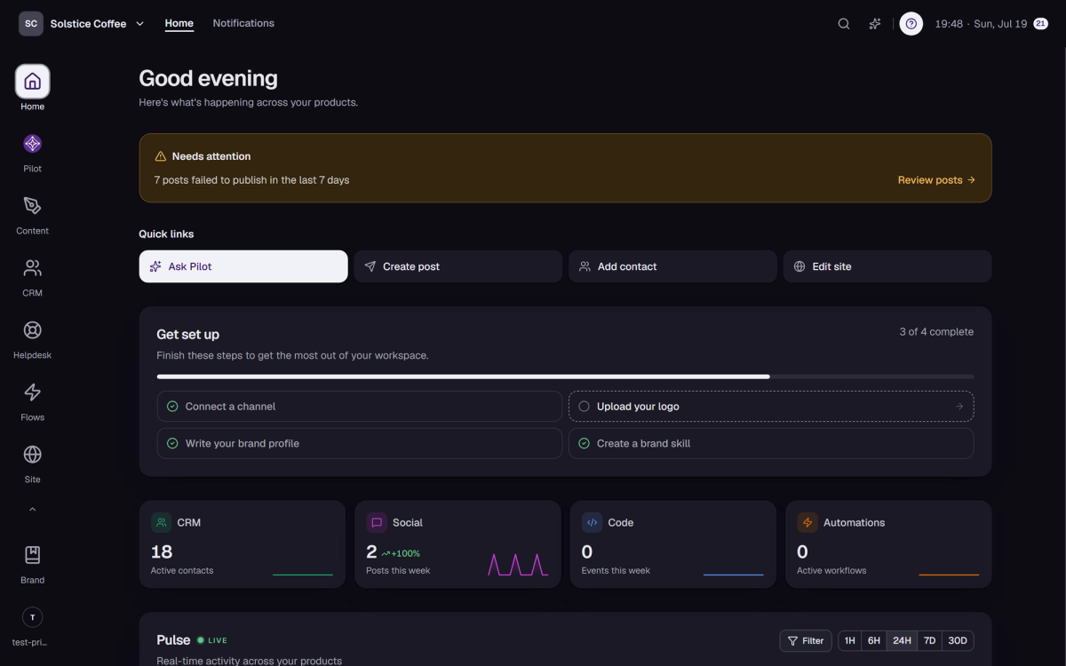 The Home screen of a Medal Social workspace: needs-attention banner, quick links, setup checklist, and the live Pulse feed.