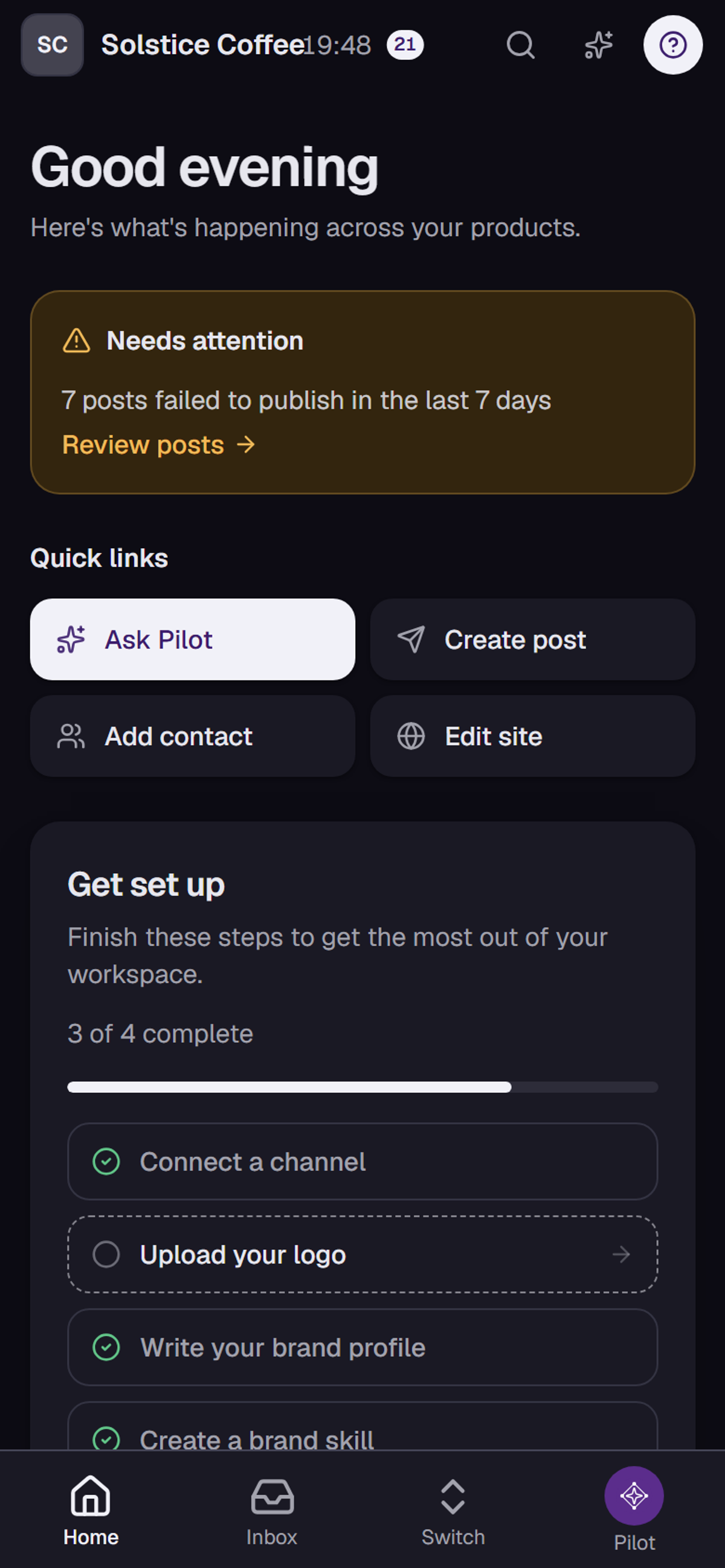 The Medal Social workspace on a phone: the mobile layout of the Home screen.