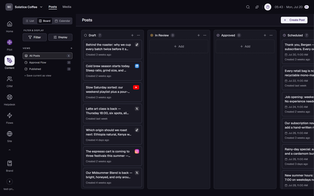 The Posts board with the In Review and Approved columns of the approval pipeline.
