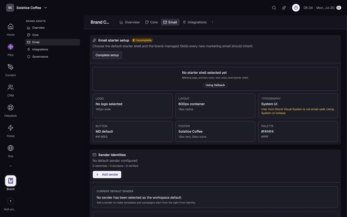 The Email section of Brand Center, the Email Studio.