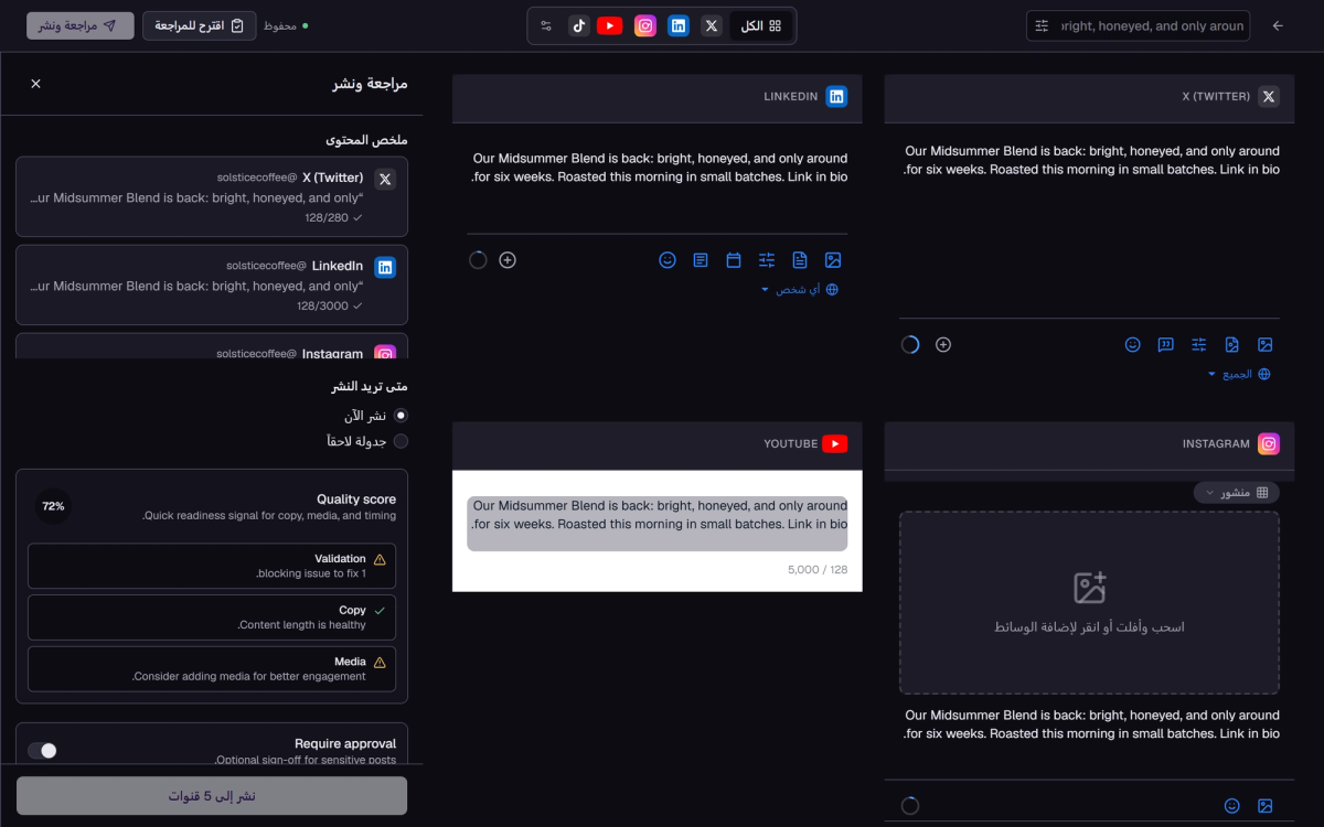المحرر بمحررات لكل قناة ودرجة جودة ولوحة المراجعة والنشر.