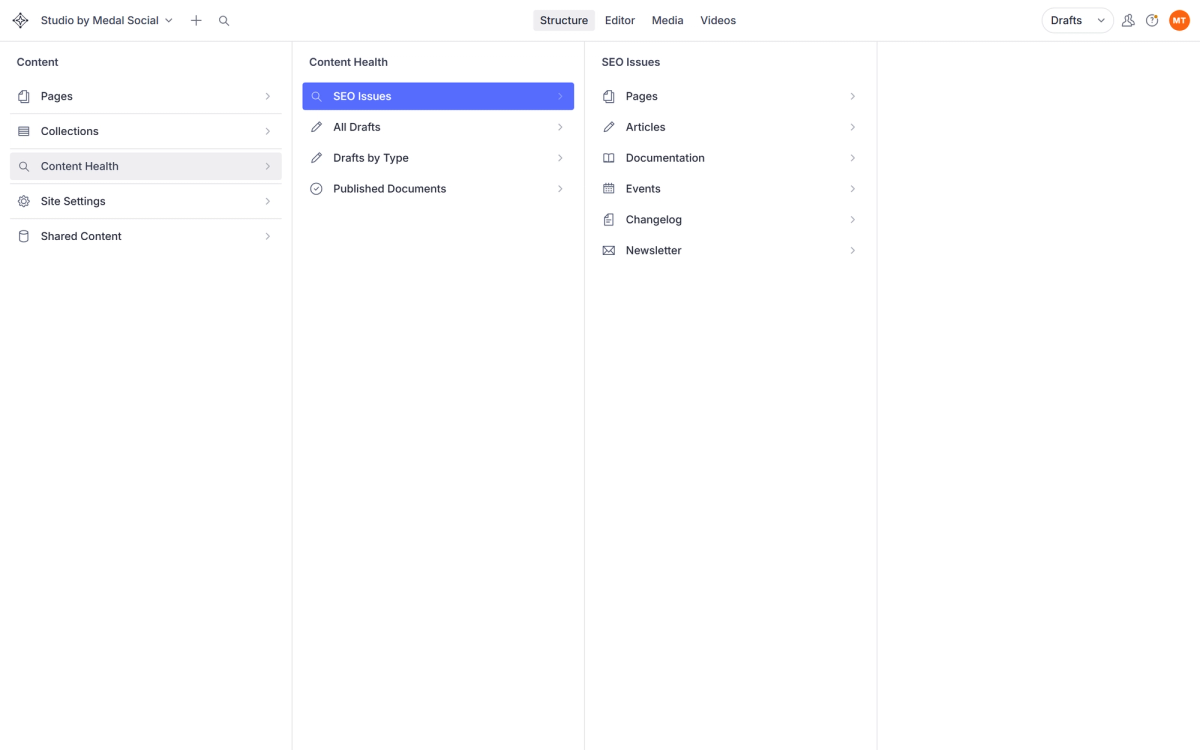 Content Health: SEO issues, drafts, and published documents — the first place to look when something is off.
