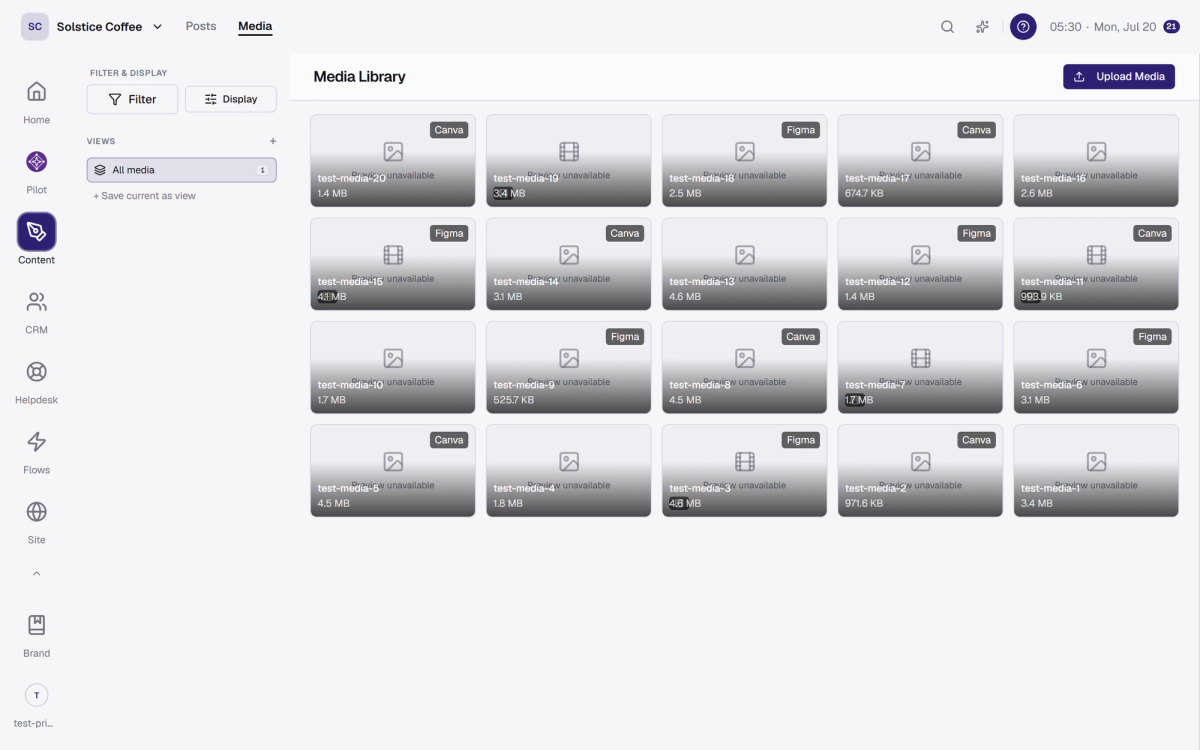 The media library grid with uploaded images and video.